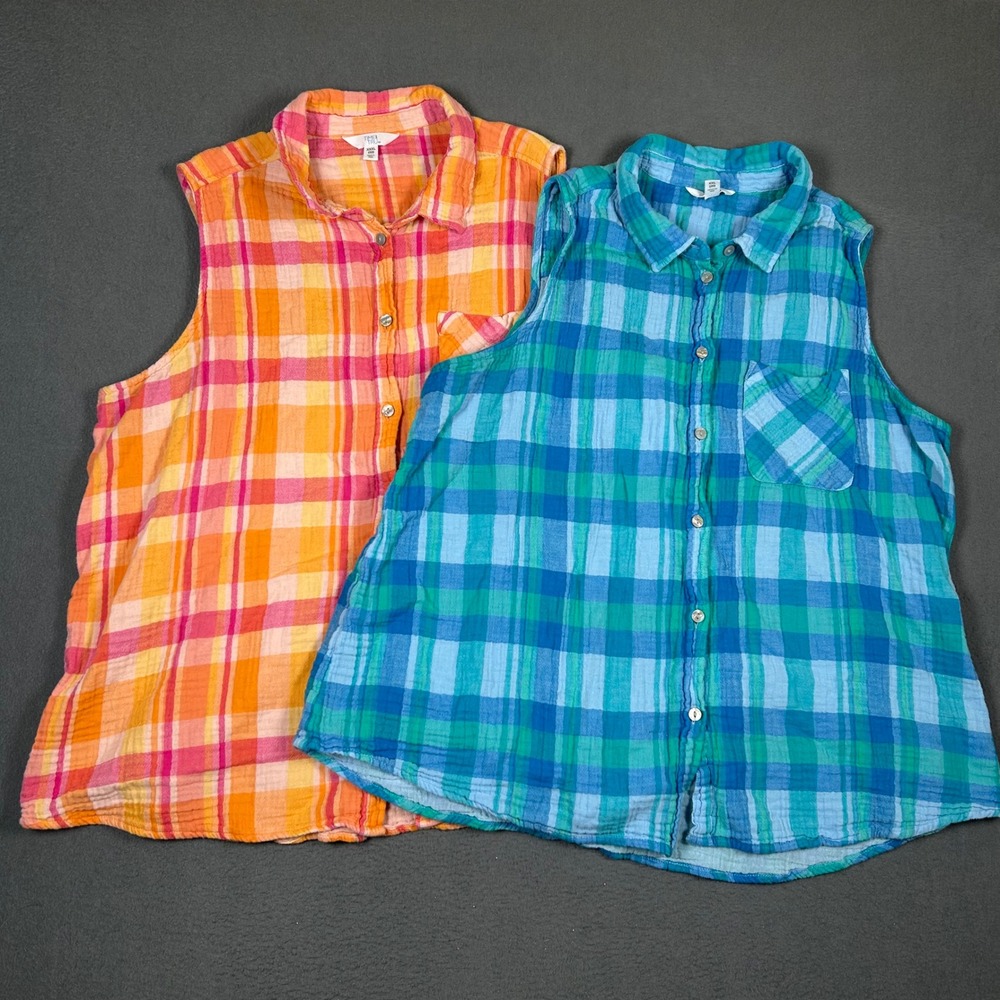 Time and Tru Sleeveless Top Womens XXXL 22 Multi Plaid Gauze Button Down Lot 2